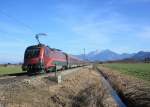 1116 205 am Zugende einer doppelten Railjet-Garnitur, die unterwegs in Richtung Salzburg war.