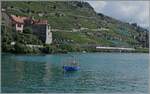 Es muss nicht immer das Château de Chillon sein... In Rivaz, beim Château de Glérolles tuckert ein Fischerboot vorbei, so dass der Zug im Hintergrund schon fast zur Nebensache wird, obwohl die SBB RABDe 502 hier eher wenig zu sehen sin ...