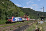 482 025 mit einem  KLV  bei der Einfahrt in Kaub am Rhein am 21.