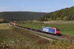 482 019 von  SBB Cargo  mit einem schwach beladenem Containerzug aus Gemnden kommend am 12. Oktober bei Harrbach am Main.