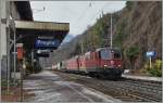 Eine  Re 10/10  zieht bei Preglia einen Güterzug nordwärts.
27. Jan. 2015