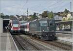 Die letzte grüne Personenverkehr Re 4/4 11161 mit einen IC nach Stuttgart und der SBB RABe 511 023 warten in Schaffhausen auf ihre baldigen Abfahren. 

19. Sept. 2022