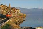 Eine gute halbe Stunde vor dem Sonnenuntergang ist die SBB Re 4/4 II 11294 (Re 420 294-1) Circus KNIE mit einem Güterzug bei St-Saphorin auf dem Weg in Richtung Lausanne.