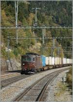 BLS Re 4/4 176 mit einem Containerzug in Hohtenn (BLS Sdrampe).
13.10.2010
