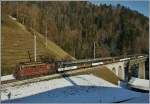 Die BLS Re 4/4 193  Grenchen  mit einem Goldenpass RE auf der 135 Meter langen Bunschenbachbrücke bei Weissenburg.
5. Dez. 2013