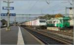 BAM Regionalzug und BLS  Pink Panther  Re 465 017-2 in Morges.
15.10.2014