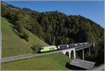 Die BLS Re 465 014 ist mit dem GoldenPass Express 4065 auf der Fahrt von Interlaken nach Zweisimmen, wo der Zug dann umgespurt nach Montreux weiter fahren wird.