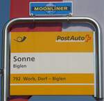 (195'542) - PostAuto-Haltestellenschild - Biglen, Sonne - am 5.