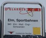 (284'447) - GLARNER BUS/Autobetrieb Sernftal-Haltestellenschild - Elm, Sportbahnen - am 30. Januar 2026