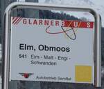 (284'450) - GLARNER BUS/Autobetrieb Sernftal-Haltestellenschild - Elm, Obmoos - am 30. Januar 2026