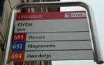 (143'839) - URBABUS/travys-Haltestellenschild - Orbe, gare - am 27.