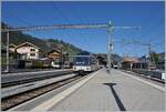 Viel MOB in Zweisimmen: GDe 4/4 6002 und 6003, Be 4/4 (ex Biperlisi), ein Lenkerpendel, im Vordergrund der Ast 117, dann ein BLS RABe 528 MIKA und von einem Mast verdeckt ein zweiter Lenkerpendel.
