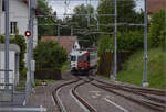 Pumpfel, das Streckenende.

Auch der Eisenbahnfreund wird ein wenig nostalgisch, wenn der NPZ mit zwei Führerständen und dem Design Schweizer Triebwagen aus den 60er Jahren auftaucht. RABe 567 171 ist noch unverändert mit den TPF-Punkten bei der CJ unterwegs, hier mit Bt 371 vorangestellt. Man könnte fast meinen, der Zug führe nun weiter nach Frankreich, dem ist allerdings mitnichten so, er rangiert nur in die Abstellung. Bonfol, Mai 2024.