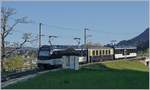 Der MOB GoldenPass Belle Epoque Zug in einer Corona bedingten Mini-Variante mit nur einem Zwischenwagen bei Châtelard VD. 11. April 2020