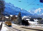 Zug 123 mit Gelenksteuerwagen 244 in Wengen am angeblichen Frühlingstag 29.April 2017.