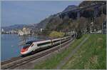Um den SBB RABe 503 mit dem Château de Chillon auf ein Bild zu bekommen, kommt zu dieser Tageszeit nur ein  Nachschuss  in Frage, denn bei der Rückleistung ist das Licht bereits grenzwertig. Im Bild: Ein SBB RABe 503  Pinocchio  ist als EC von Milano Centrale auf dem Weg nach Genève und wurde kurz nach Villeuve fotografiert.

24. April 2026