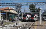 Ziemlich viel Verkehr im doch recht engen Bahnhof von Varese: Ein Trenord Triebzug Ale 711 als S 5 nach Treviglio steht auf Gleis 1, auf Gleis 3 wartet ein SBB TILO RABe 524 auf die Abfahrt als S 40 nach Como S.G. und auf Gleis 4 ein weiterer SBB TILO RABe 524 als S 50 nach Malpensa Termial 2. 

25. Sept. 2019