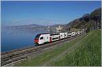 Ein neuer SBB RABe 512 ist als Regionalzug auf dem Weg von Bex nach Granson und konnte kurz nach Villeneuve beim Château de Chillon fotografiert werden.