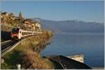 Mit dem SBB Flirt 523 111 an der Spitze ist ein Regionalzug bei St-Saphorin auf dem Weg in Richtung Lausanne.