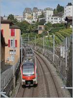 Ein Br�cken Blick bei Montreux in Richtung Lausanne mit dem ausfahrenden SBB RABe 523 112 nach Le Brassus. An der Spitze des Zugs verkehrt ein weiterer RABe 523 nach Vallorbe, in Le Day wird der Zug gefl�gelt. 

25. Sept. 2024
