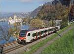 Der SBB RABe 523 110 ist als R4 kurz vor Villeneuve auf dem Weg nach St-Maurice.