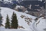 Blick auf einen BLM Be 4/6 auf der Fahrt von Grütschalp nach Mürren zwischen Grütschalp und Winteregg.