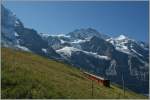 Eine kleine Bahn auf dem Weg zum grossen Berg: Ein neuerer JB Pendelzug hat die Kleine Scheidegg verlassen und wird in gut einer Stunde auf dem Jungfraujoch eintreffen.
21. Aug. 2013