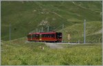 Der neue Jungfraubahn Bhe 4/8 221 auf Talfahrt wird in wenigen Minuten die Kleine Scheidegg erreichen.
8. August. 2016