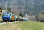 MOB Ge 4/4 III mit ihrem Schnellzug nach Montreux kurz nach Les Avants. 
05.04.20009