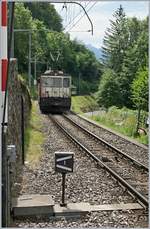 Zugkreuzung des MOB PE 2115 Zweisimmen - Montreux und des Gegenzugs PE 2122 in Chamby: Die MOB GDe 4/4 6006 erreicht mit dem PE 2122 Chamby.