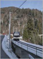 Der CEV MVR ABeh 2/6 7501 fährt auf seiner Fahrt von Les Avants nach Montreux kurz vor Sendy Sollard über die 93 Meter lange Pont Gardiol welche über den Bois des Chenaux führt. 

9. Jan. 2021