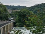 Ein Thurbo GTW überquert au seiner Fahrt von Schaffhausen nach Winterthur bei Neuhausen den Rhein.
18. Juni 2016 